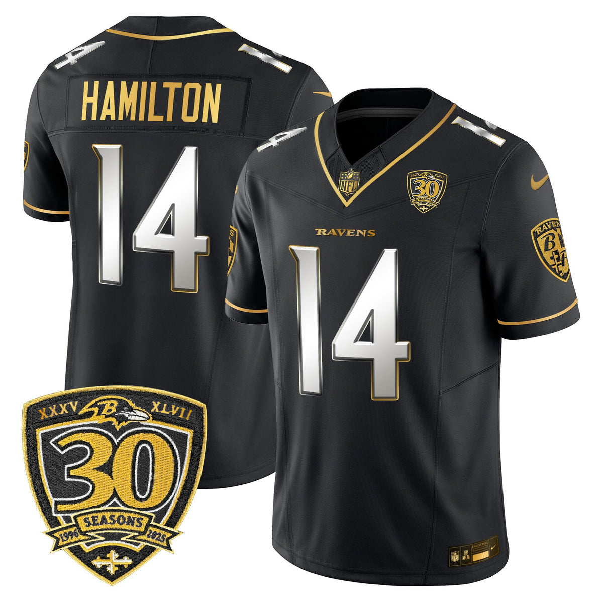 Men's Baltimore Ravens 2025 Gold Vapor Limited Jersey - 30th Anniversary Patch - All Stitched - Black Limited - Kyle Hamilton — view 1
