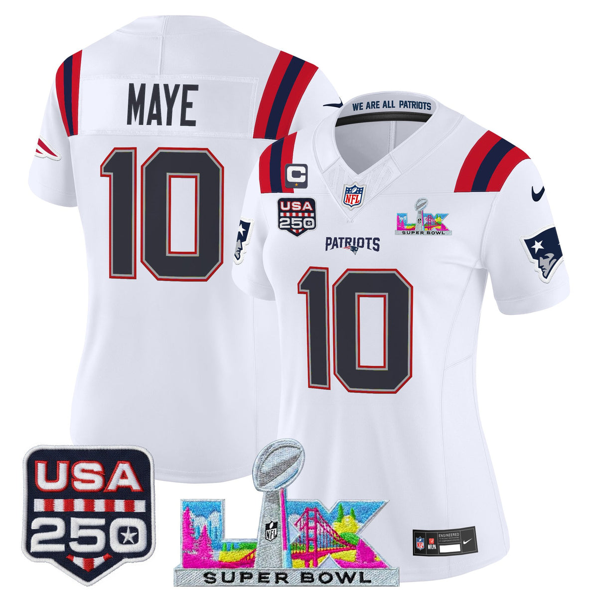 Women's New England Patriots Super Bowl LX & United States 250th Anniversary Patch Vapor Limited Jersey - All Stitched - White - Drake Maye — view 1