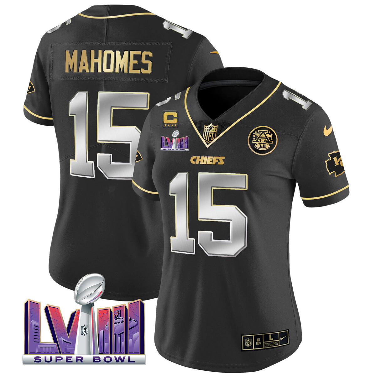 Women's Chiefs Super Bowl LVIII Patch Vapor Jersey V4 - All Stitched - Black Limited - Patrick Mahomes — view 1