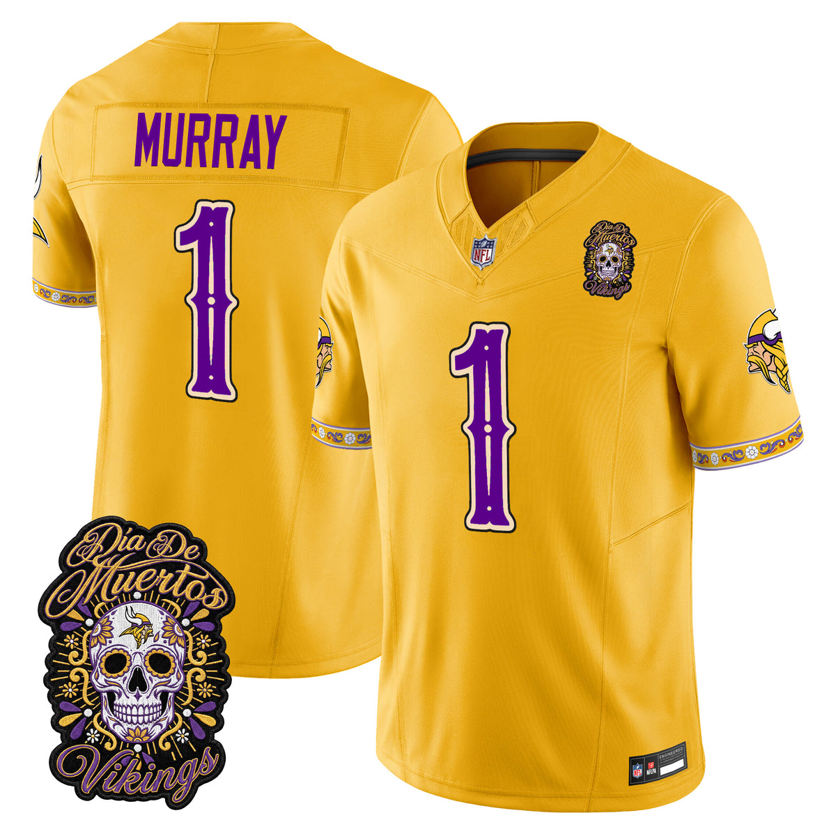 Men's Minnesota Vikings Día de los Muertos Vapor Limited Jersey - All Stitched - Gold - Kyler Murray — view 1