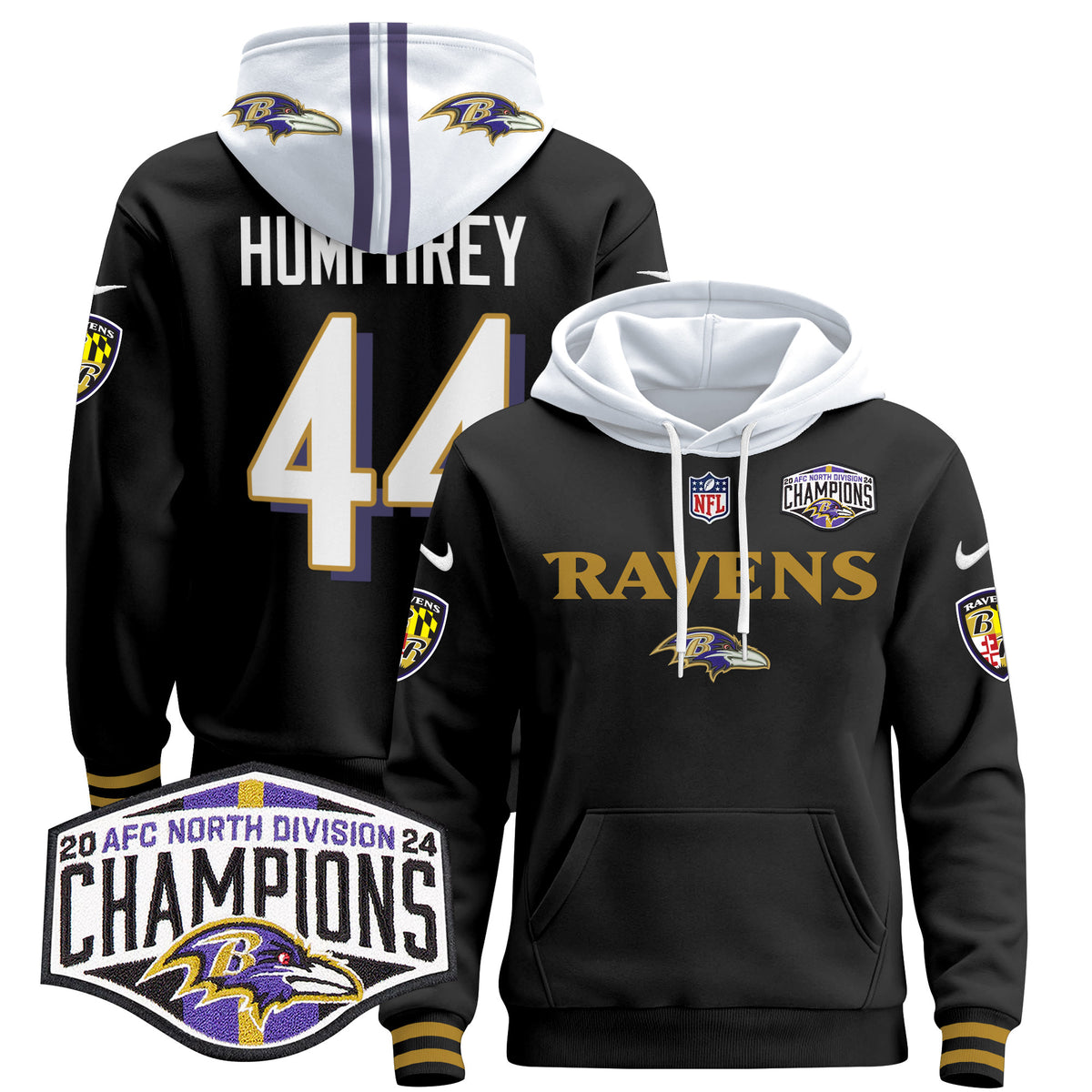 Men's Baltimore Ravens 2024 AFC North Division Champions Patch Pullover Hoodie - All Stitched - Black - Marlon Humphrey — view 1