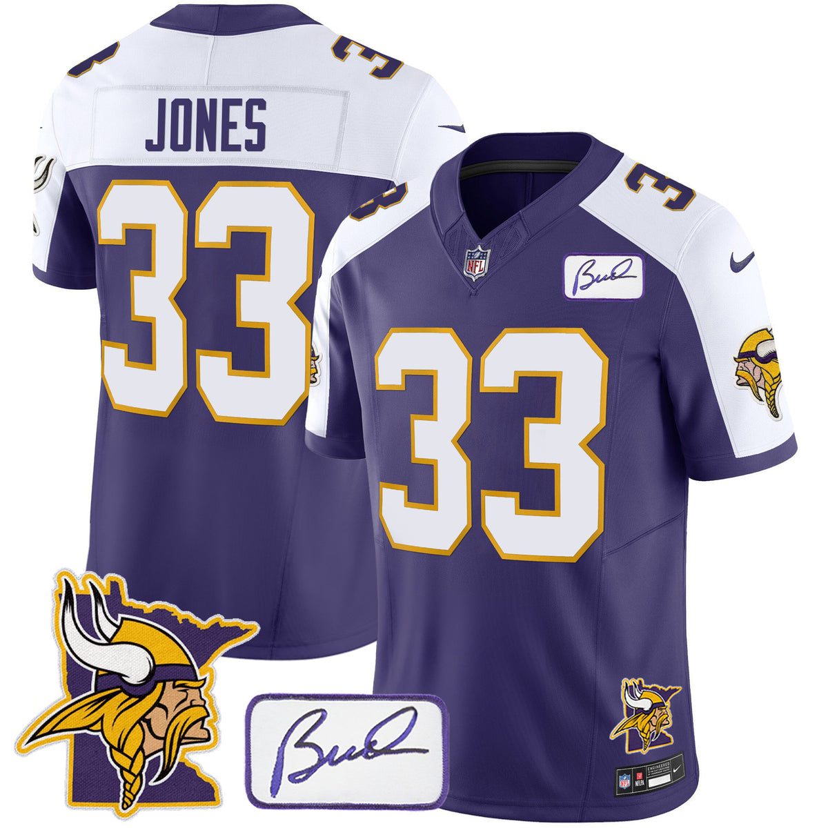 Men's Vikings Bud Grant & Minnesota Patch Classic Limited Jersey - All Stitched - Purple Alternate - Aaron Jones — view 1