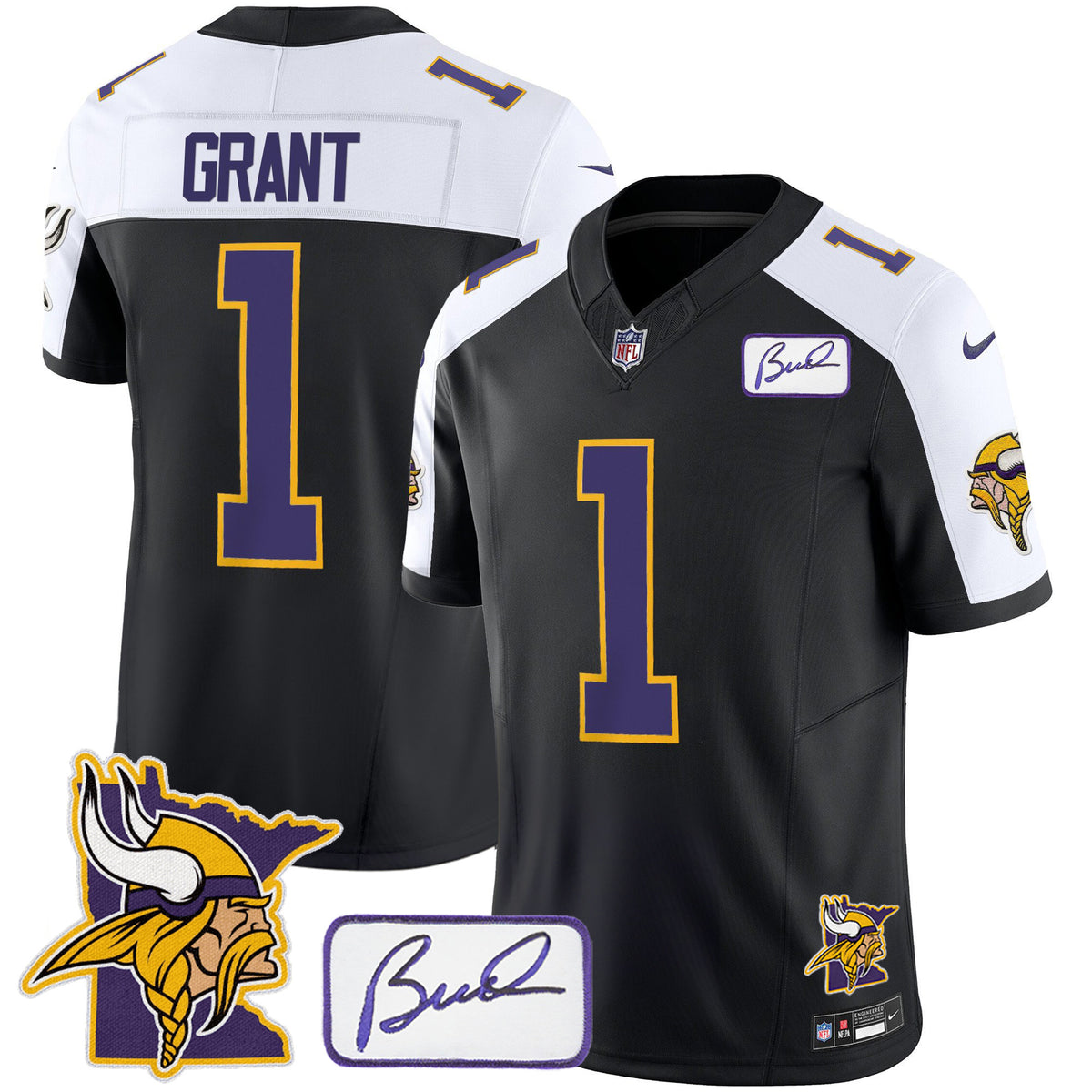 Men's Vikings Bud Grant & Minnesota Patch Classic Limited Jersey - All Stitched - Black Alternate - Bud Grant — view 1