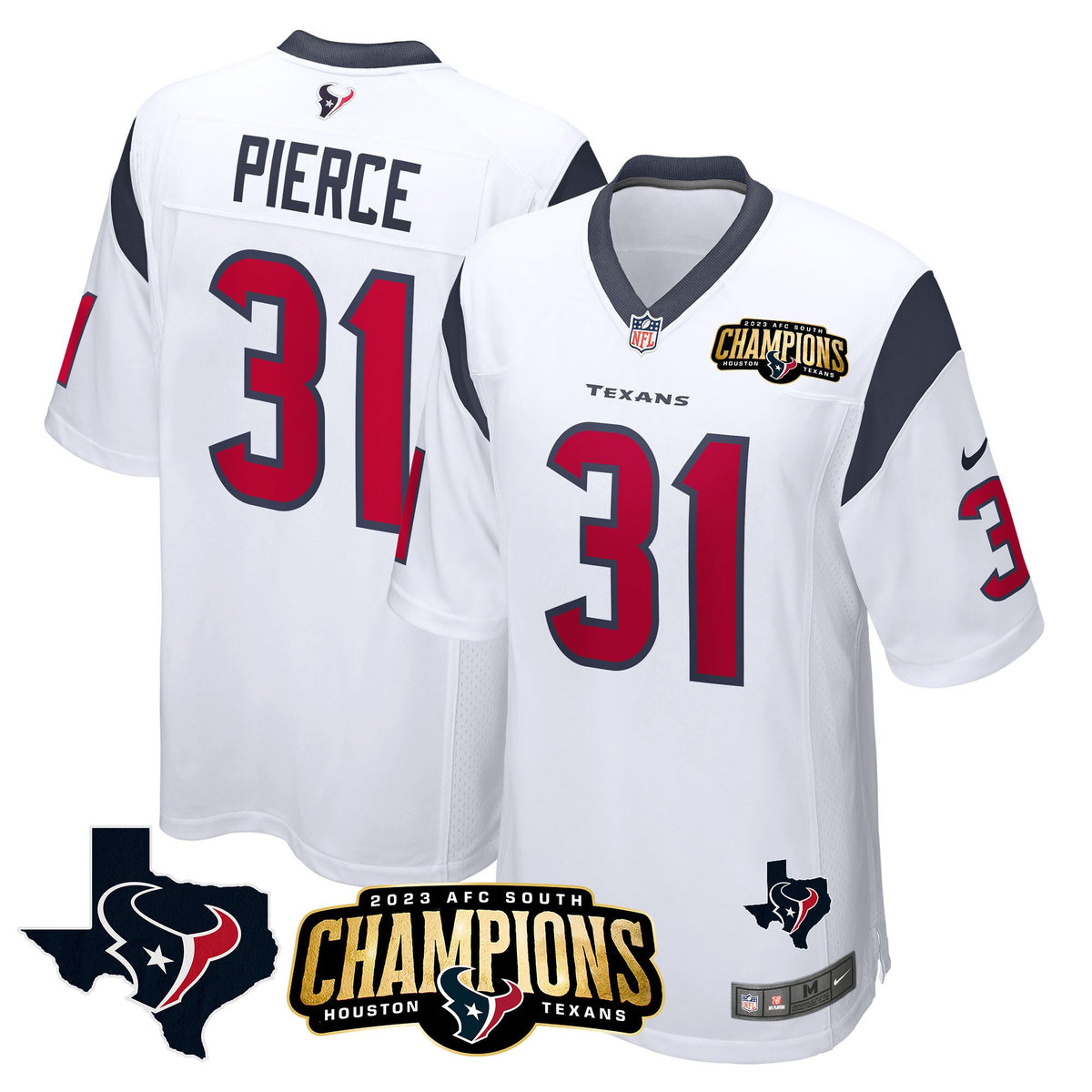 Men's Houston Texans 2023 AFC South Champions Patch Game Jersey - All Stitched - White - Dameon Pierce — view 1