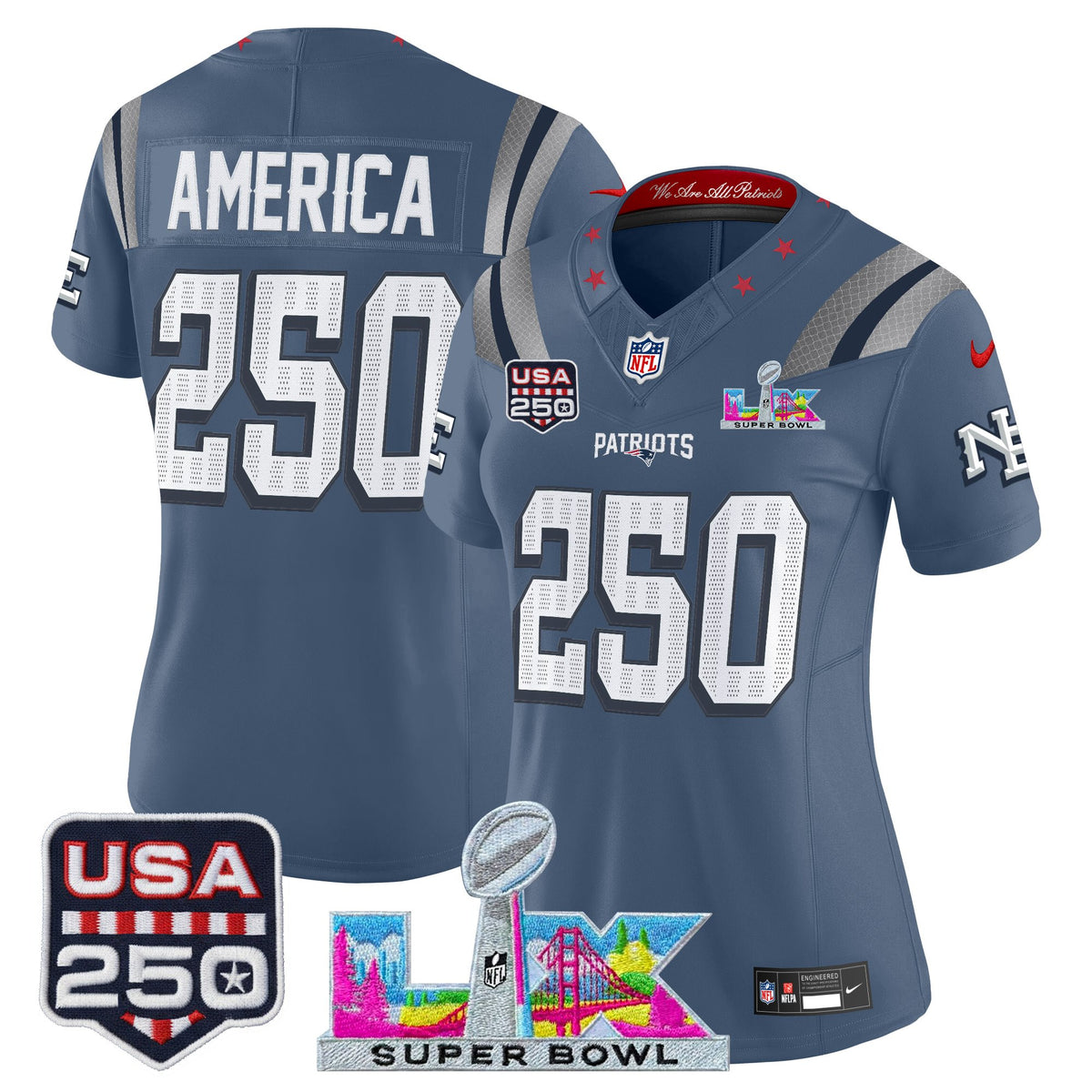Women's New England Patriots Super Bowl LX & United States 250th Anniversary Patch Vapor Limited Jersey - All Stitched - Storm Blue - #250 America — view 1