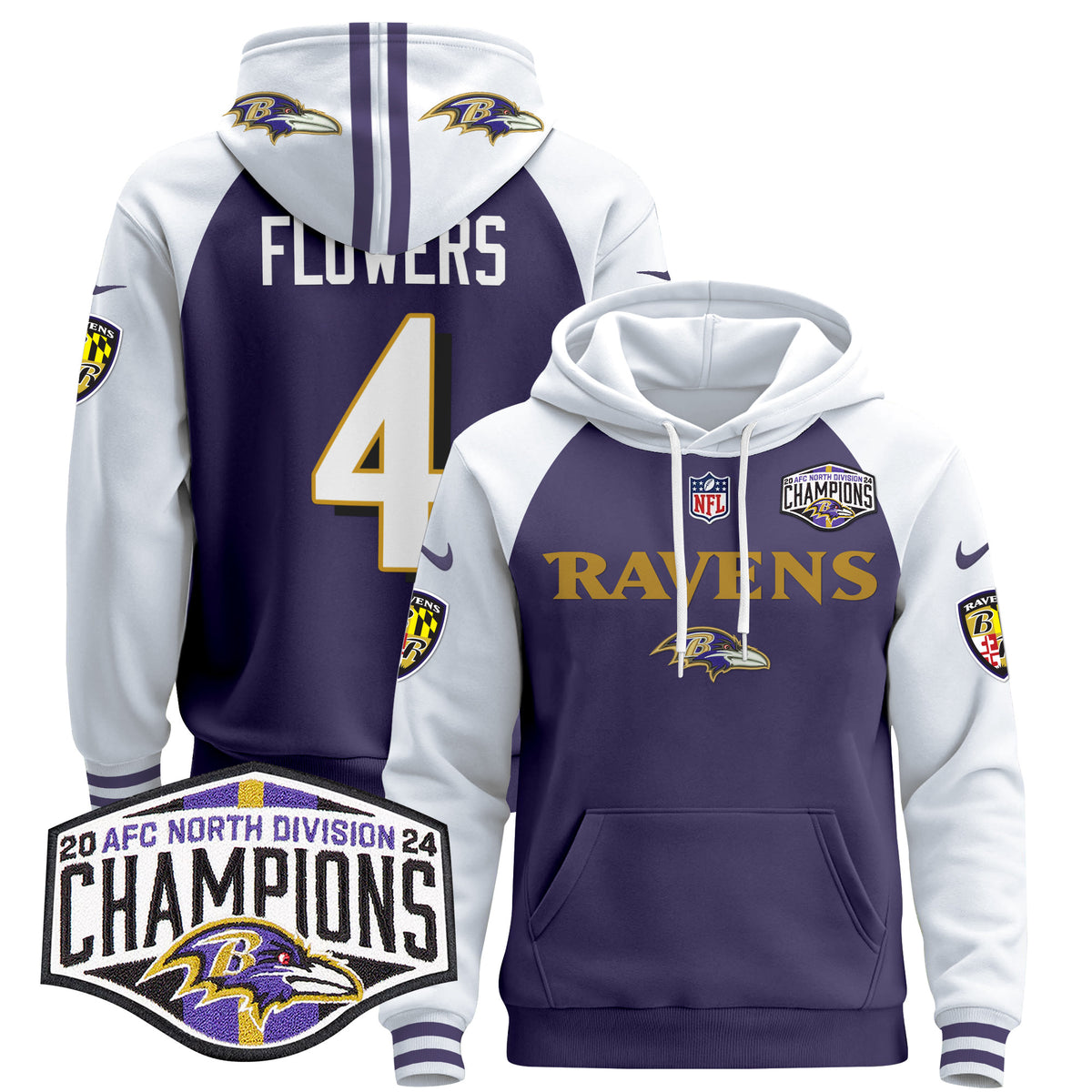 Men's Baltimore Ravens 2024 AFC North Division Champions Patch Pullover Hoodie - All Stitched - Purple Alternate - Zay Flowers — view 1