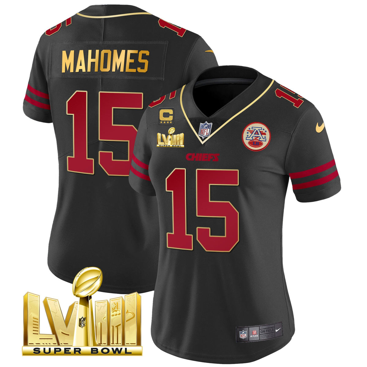 Women's Chiefs Super Bowl LVIII Gold Patch Vapor Jersey - All Stitched - Gold Trim - Patrick Mahomes — view 1