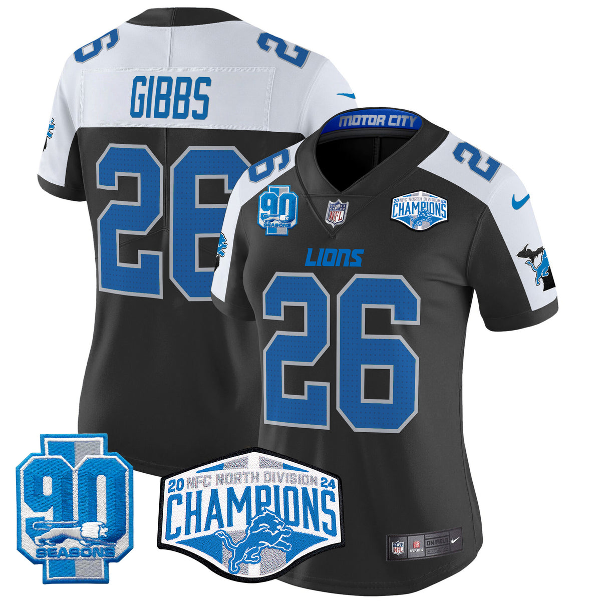 Women's Detroit Lions 2024 NFC North Division Champions Patch Vapor Limited Jersey - All Stitched - Black Alternate - Jahmyr Gibbs — view 1