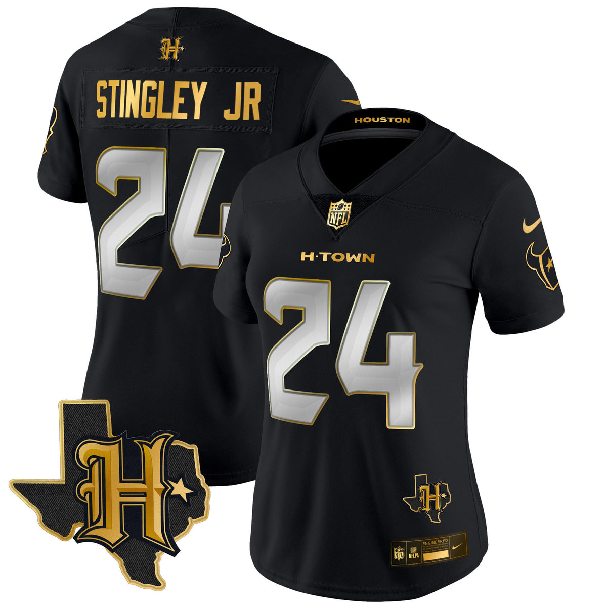 Women's Houston Texans 2024 Texas Patch Gold Vapor Limited Jersey - All Stitched - Black Limited - Derek Stingley Jr — view 1