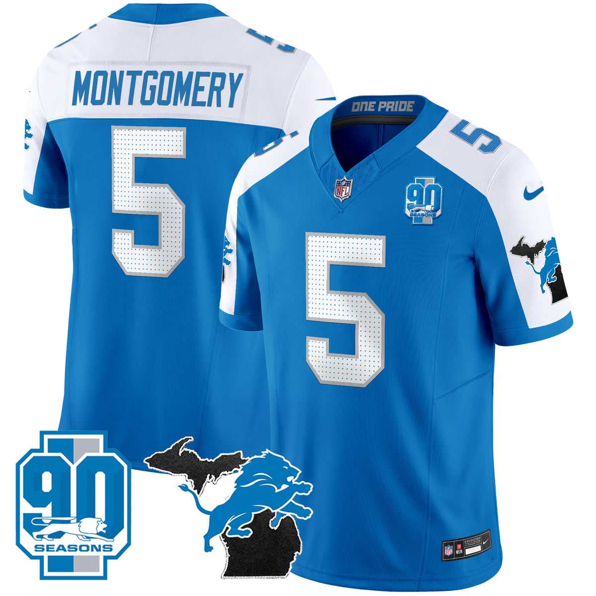 Men's Detroit Lions 2025 Michigan & 90th Year Patch Vapor Jersey - All Stitched - Blue Alternate - David Montgomery — view 1