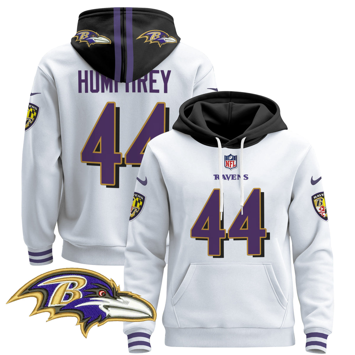 Men's Baltimore Ravens 2024 Pullover Hoodie V4 - All Stitched - White - Marlon Humphrey — view 1