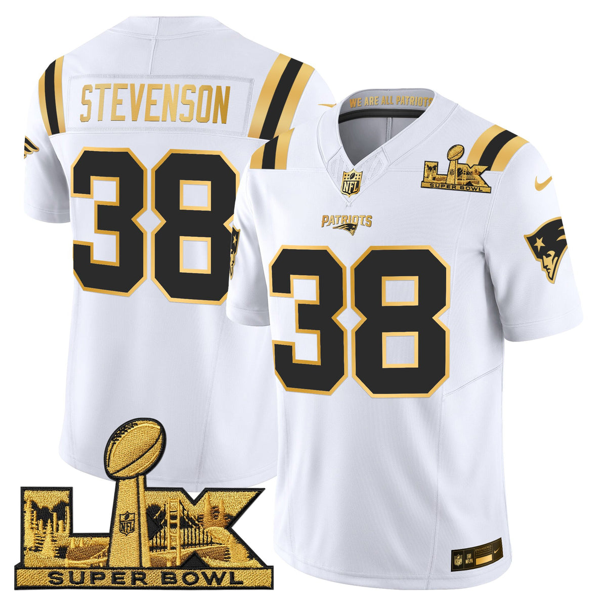 Men's New England Patriots Super Bowl LX Gold Vapor Limited Jersey - All Stitched - White Gold - Rhamondre Stevenson — view 1