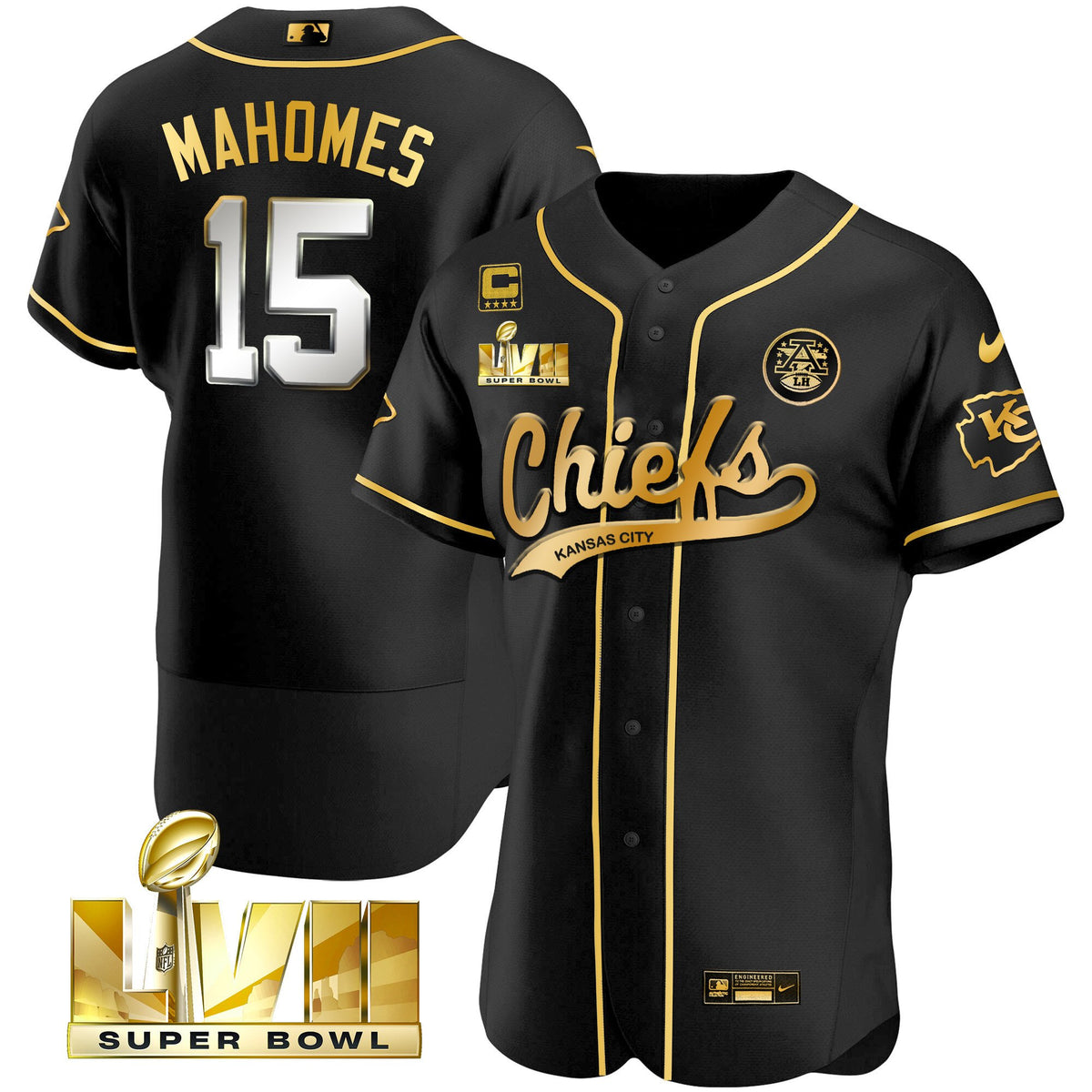 Men's Chiefs Super Bowl LVII Flex Base Jersey V2 - All Stitched - Black Limited - Patrick Mahomes — view 1