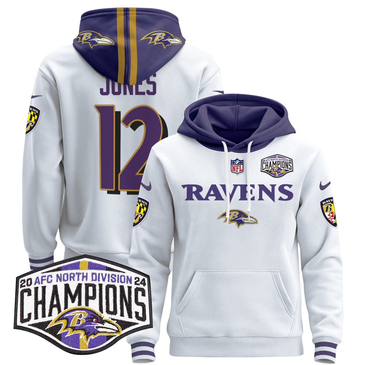 Men's Baltimore Ravens 2024 AFC North Division Champions Patch Pullover Hoodie - All Stitched - White - Jacoby Jones — view 1