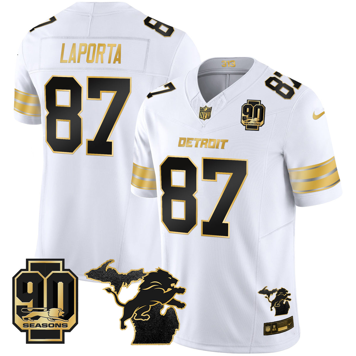 Men's Detroit Lions 2025 Michigan & 90th Season Patch Gold Vapor Limited Jersey - All Stitched - White Gold - Sam Laporta — view 1