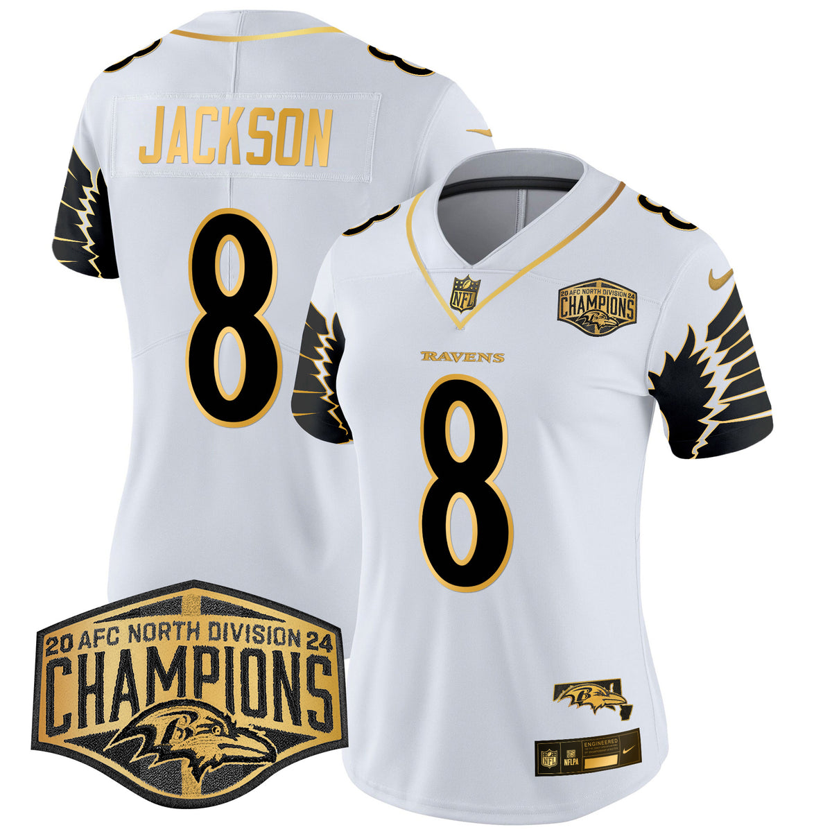 Women's Ravens Maryland 2024 AFC North Division Champions Patch Gold Vapor Limited Jersey - All Stitched - White Gold - Lamar Jackson — view 1