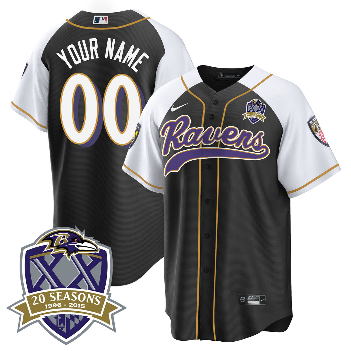 Ravens 20th Season Patch Baseball Custom Jersey - All Stitched - Black Alternate — view 1