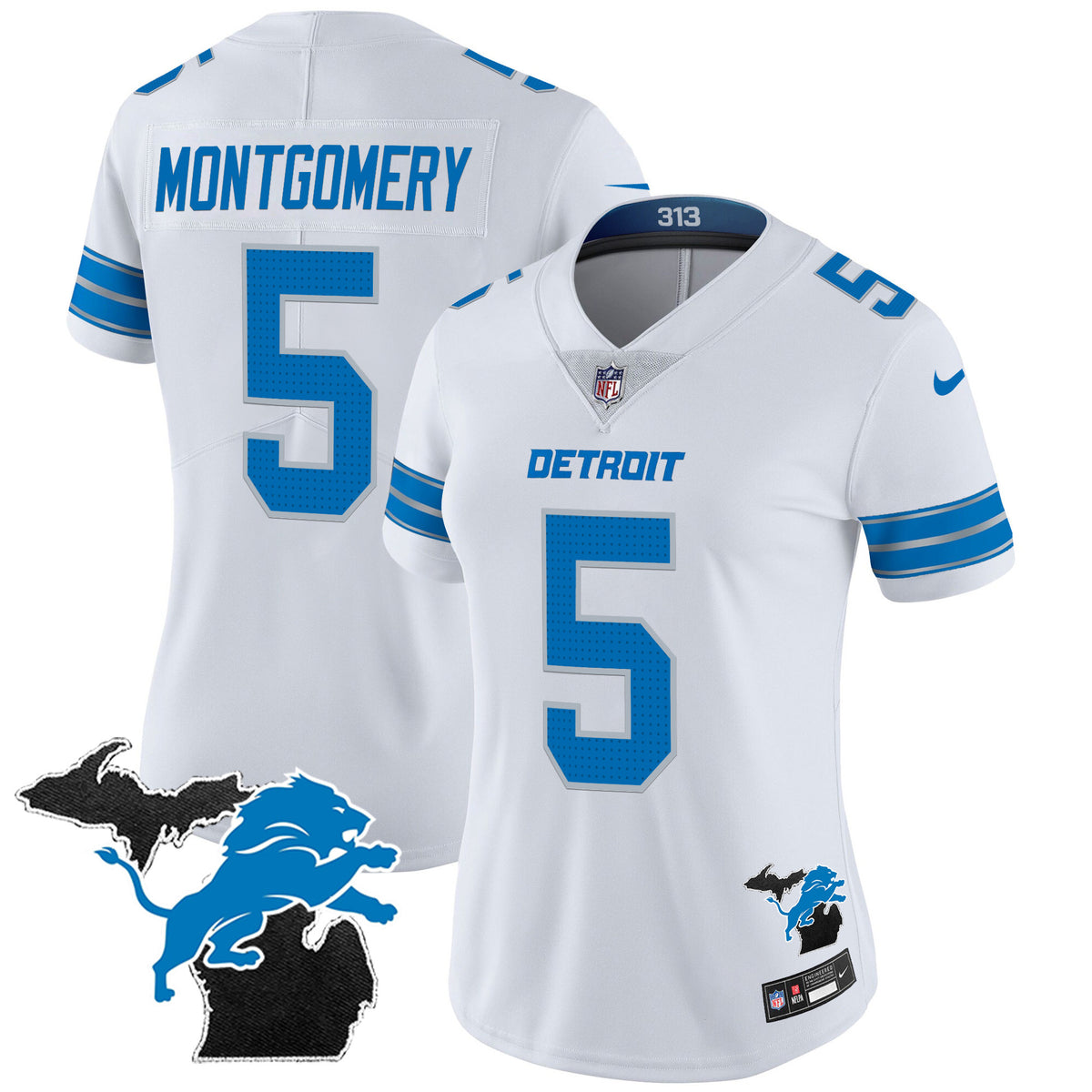 Women's Detroit Lions 2024 Michigan Patch Vapor Jersey - All Stitched - White - David Montgomery — view 1