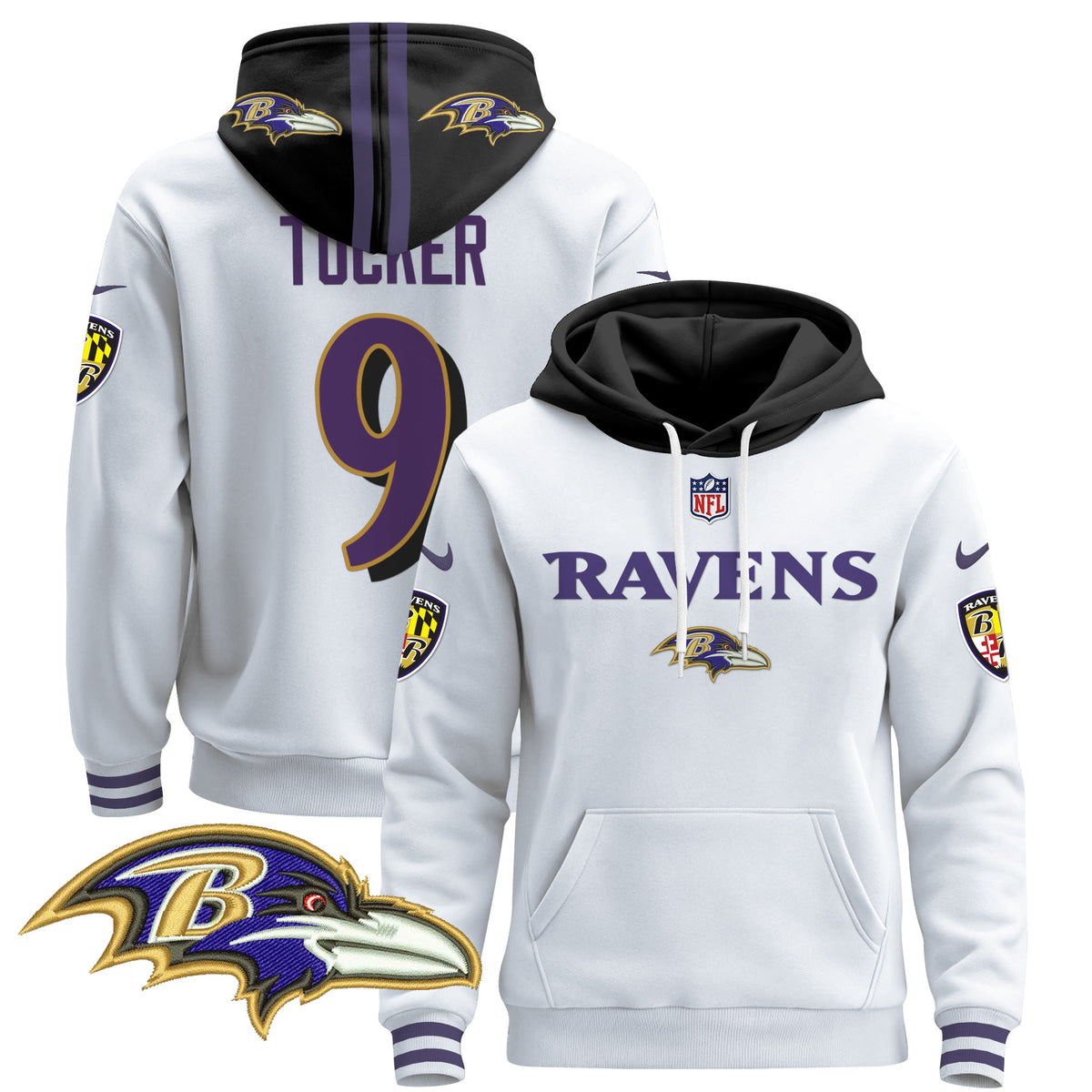 Men's Baltimore Ravens 2024 Pullover Hoodie V3 - All Stitched - White - Justin Tucker — view 1