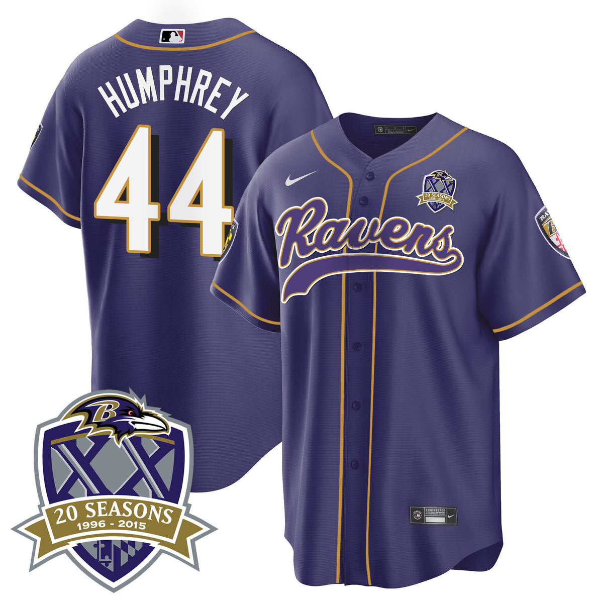 Men's Ravens 20th Season Patch Baseball Jersey - All Stitched - Purple - Marlon Humphrey — view 1
