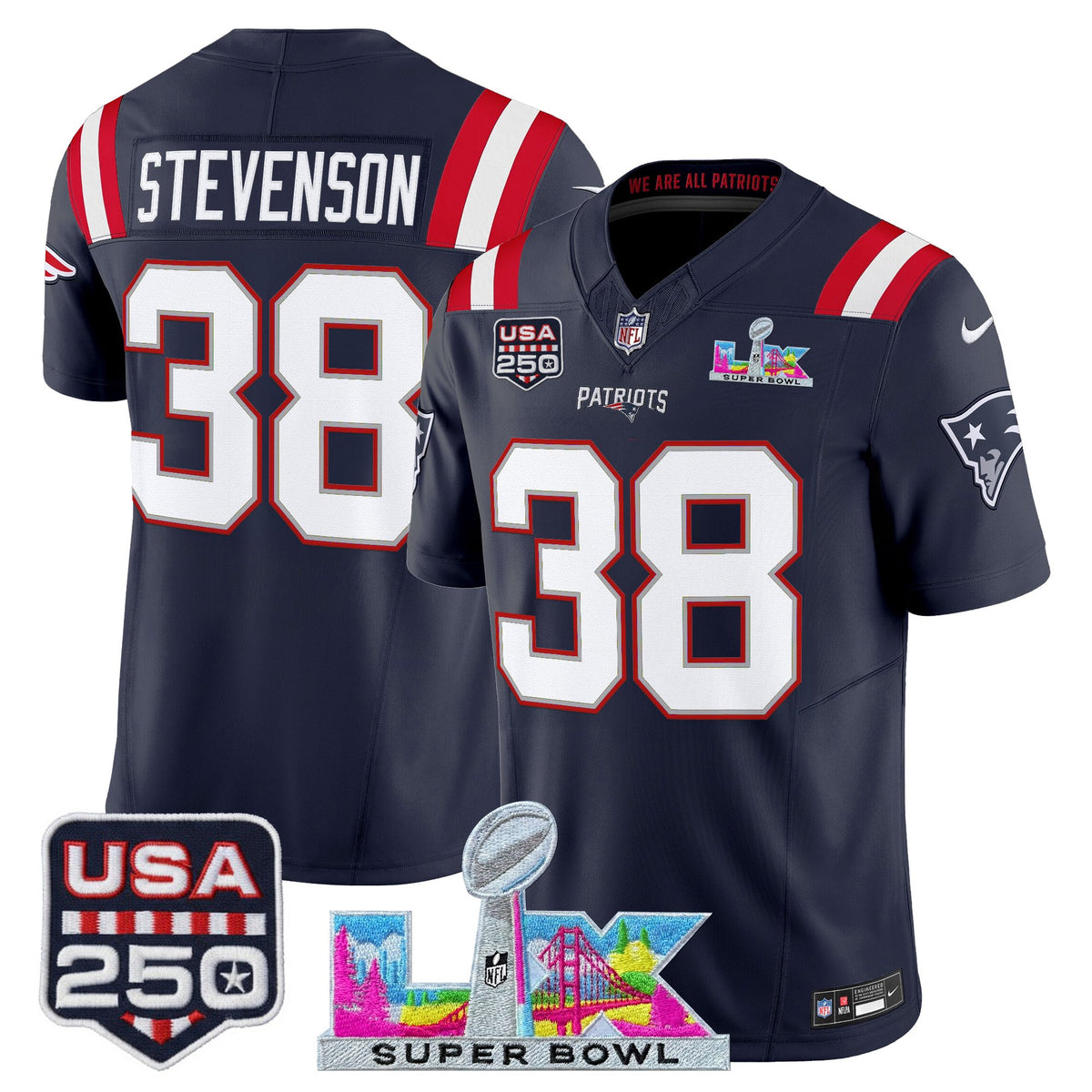 Men's New England Patriots Super Bowl LX & United States 250th Anniversary Patch Vapor Limited Jersey - ~25cf8277 - Navy - Rhamondre Stevenson — view 1