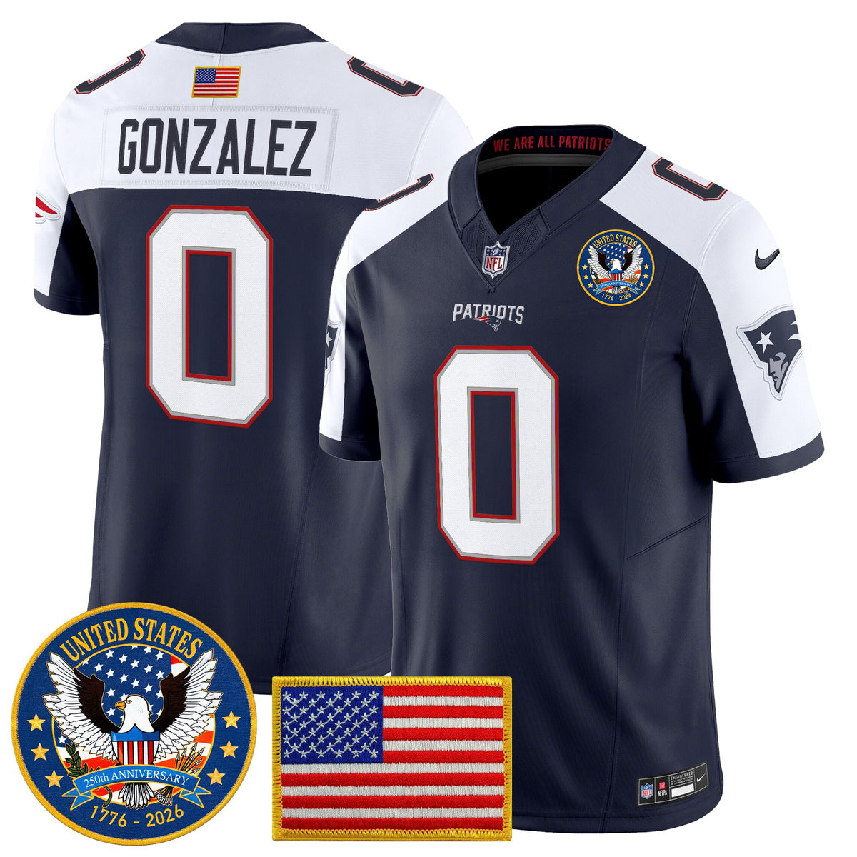 Men's New England Patriots United States 250th Anniversary Patch Vapor Limited Jersey - All Stitched - Navy Alternate - Christian Gonzalez — view 1