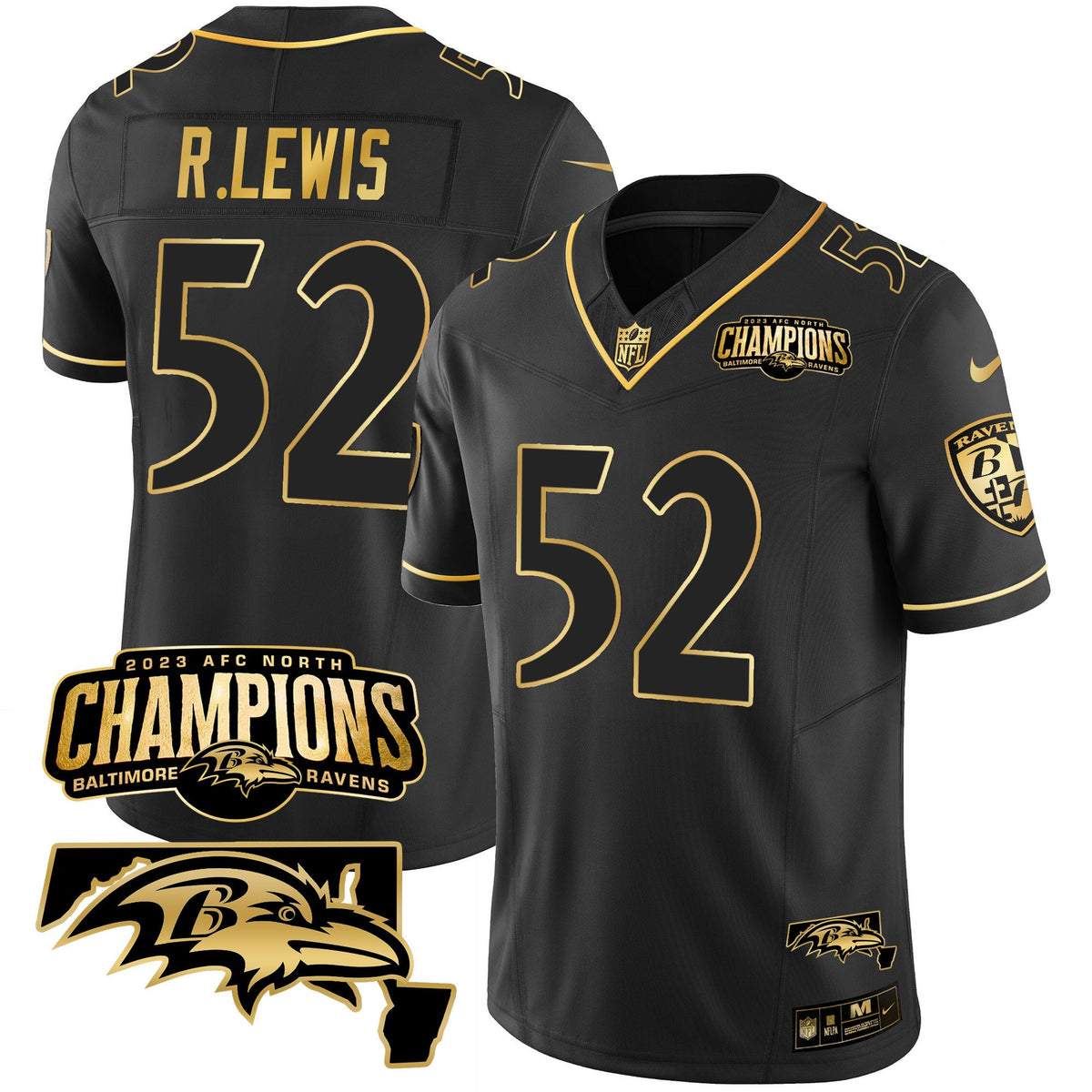 Men's Ravens 2023 AFC North Champions & Maryland Patch Gold Vapor Jersey - All Stitched - Black Gold - Ray Lewis — view 1