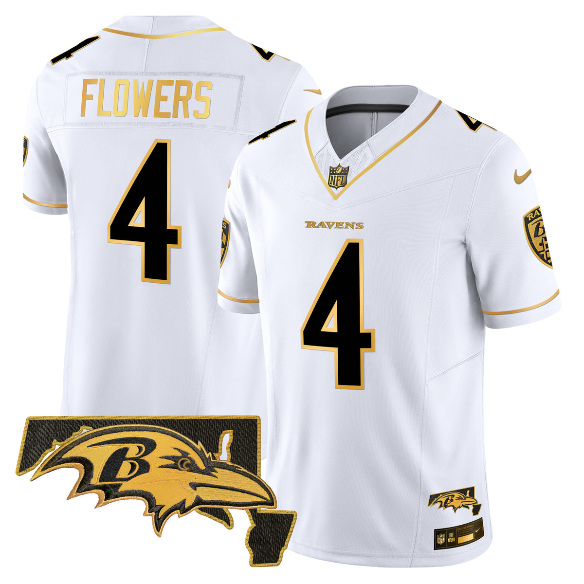 Men's Ravens 2024 Gold Vapor Limited Jersey - All Stitched - White Gold - Zay Flowers — view 1