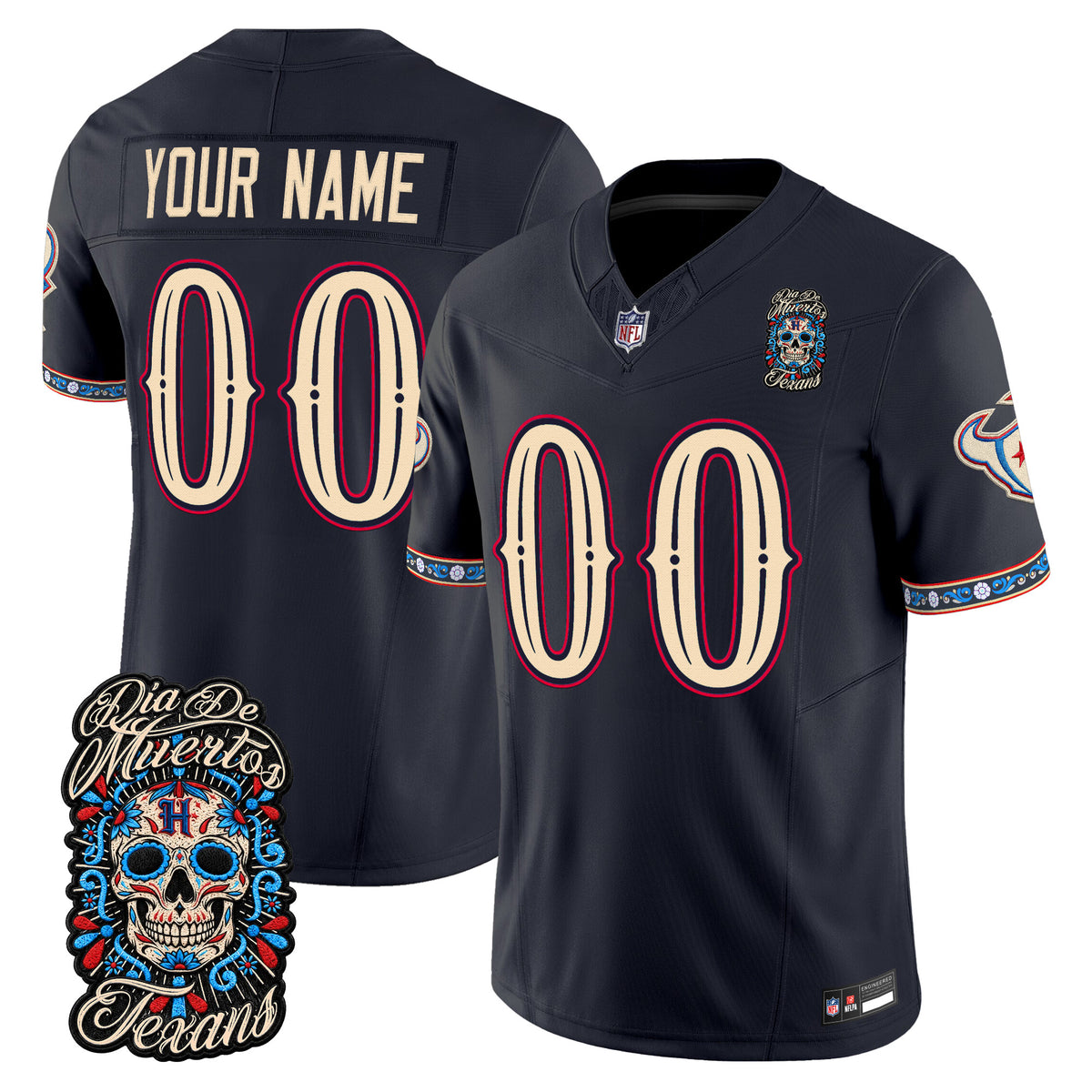 Houston Texans Día de los Muertos Vapor Limited Custom Jersey - All Stitched - Navy — view 1