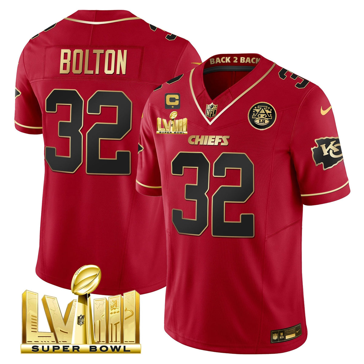 Men's Chiefs Super Bowl LVIII & Back 2 Back Gold Patch Vapor Jersey V5 - All Stitched - Red Special - Nick Bolton — view 1