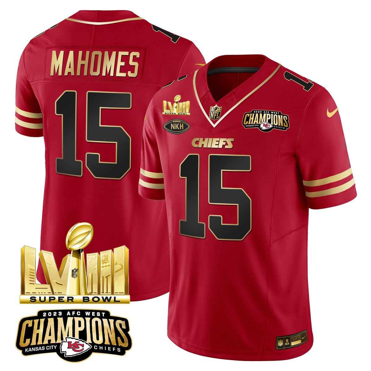 Men's Chiefs AFC West Champions & Super Bowl LVIII Gold Patch Vapor Jersey - All Stitched - Black Red - Patrick Mahomes — view 1