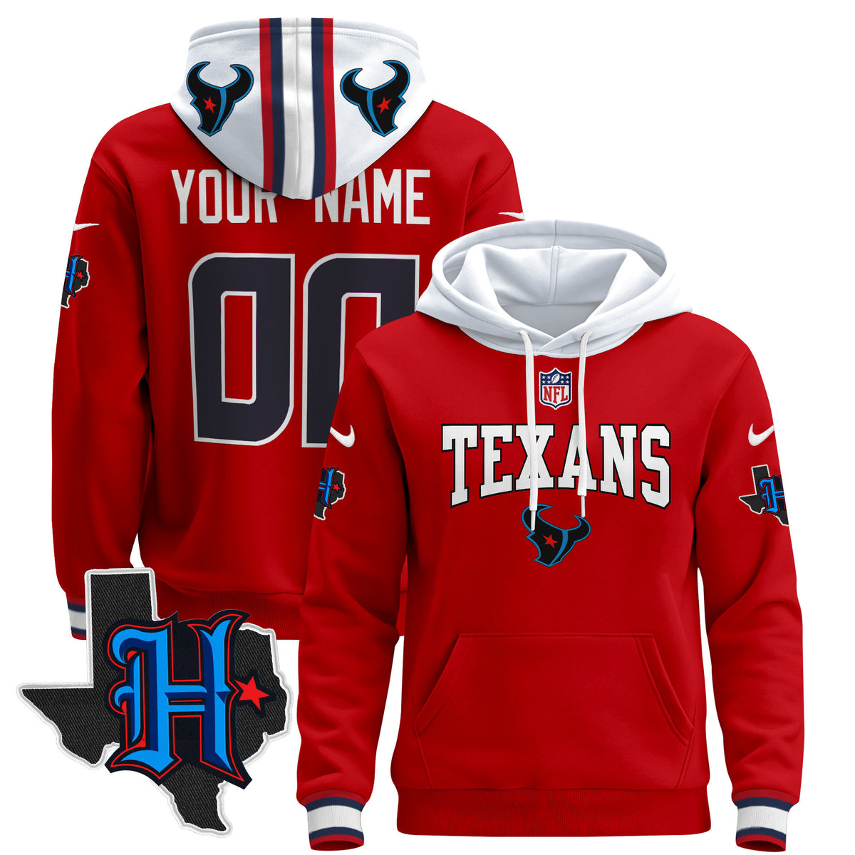 Houston Texans 2024 Custom Pullover Hoodie V3 - All Stitched - Red — view 1