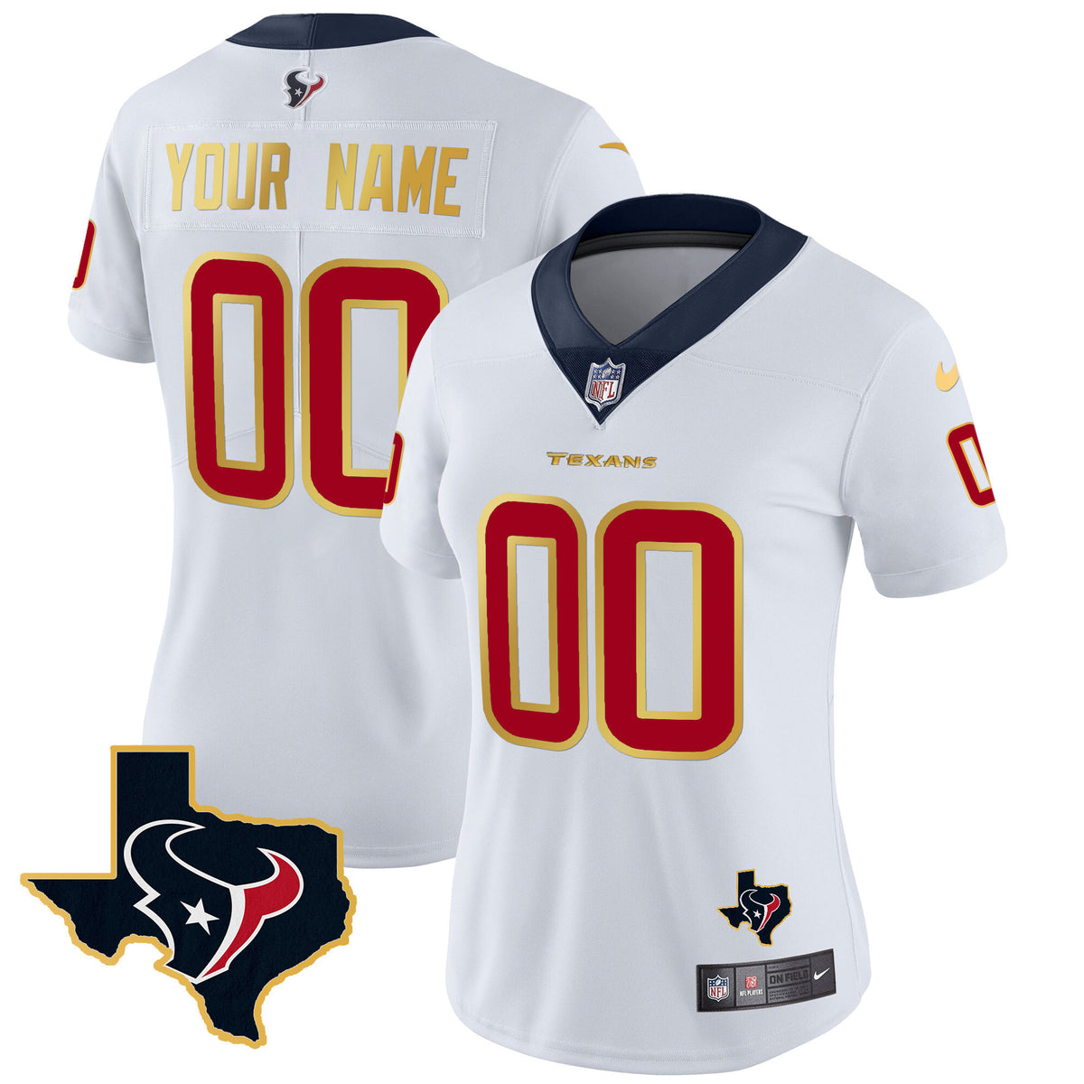Houston Texans Gold Trim Vapor Custom Jersey - All Stitched - White — view 1