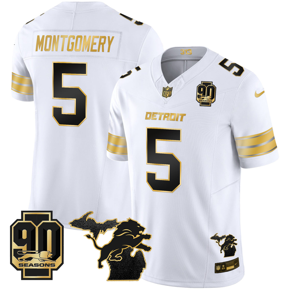 Men's Detroit Lions 2025 Michigan & 90th Season Patch Gold Vapor Limited Jersey - All Stitched - White Gold - David Montgomery — view 1