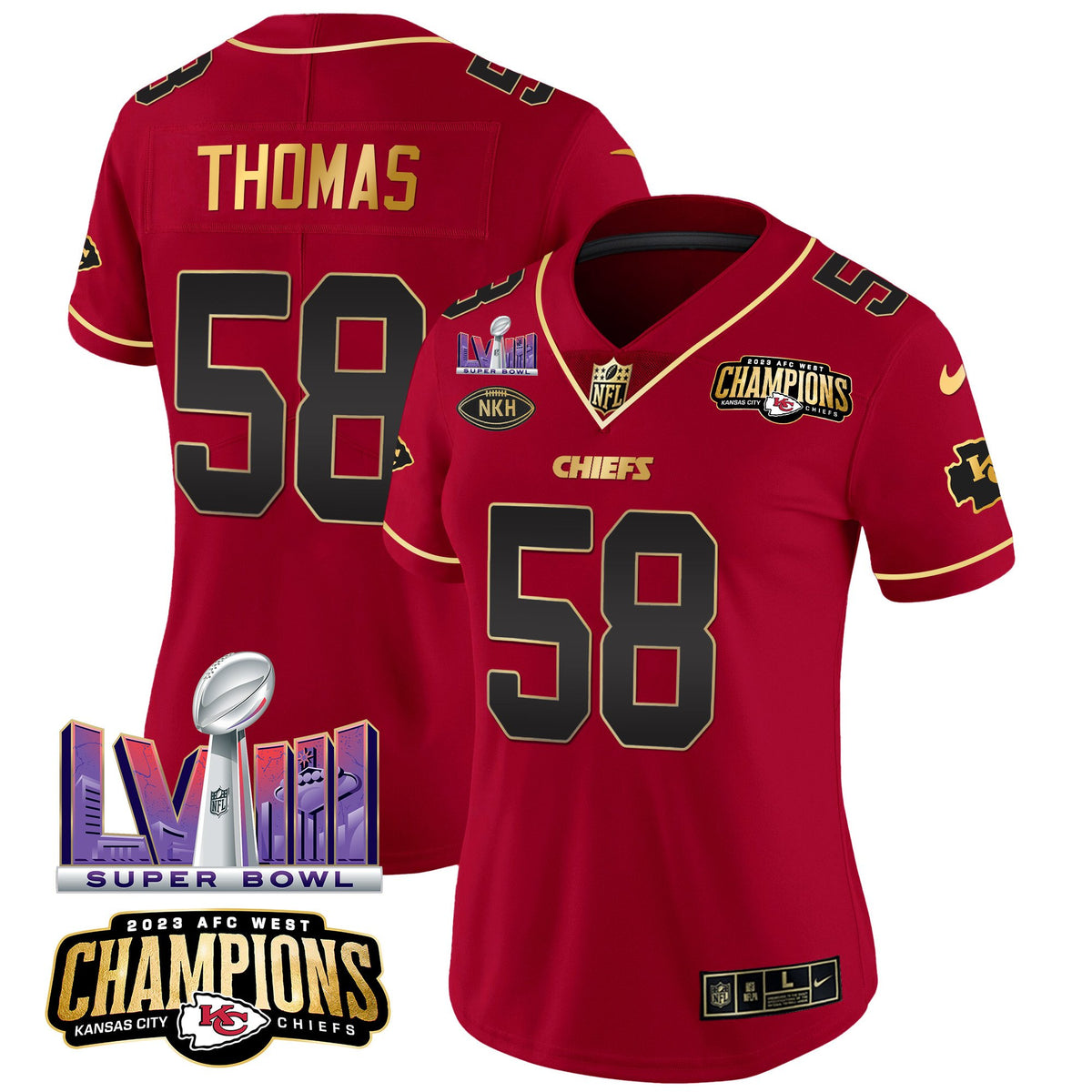 Women's Chiefs AFC West Champions & Super Bowl LVIII Patch Vapor Jersey - All Stitched - Red Special - Derrick Thomas — view 1