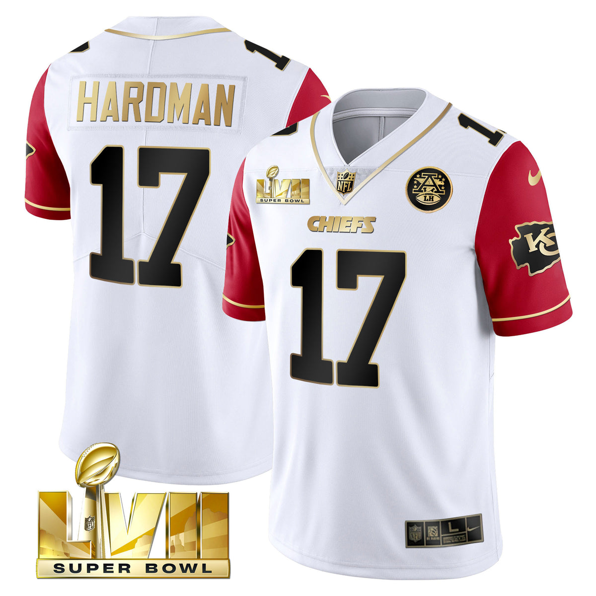 Youth's Chiefs Super Bowl Vapor Gold Jersey - All Stitched - Color Sleeve - Mecole Hardman — view 1
