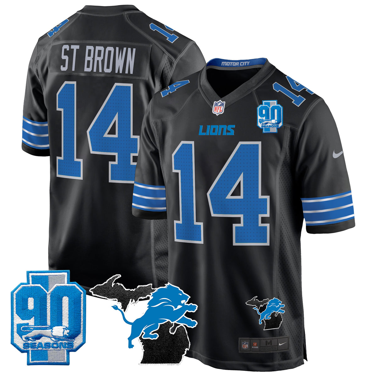 Men's Detroit Lions 2024 Michigan & 90th Year Patch Game Jersey - All Stitched - Black - St. Brown — view 1