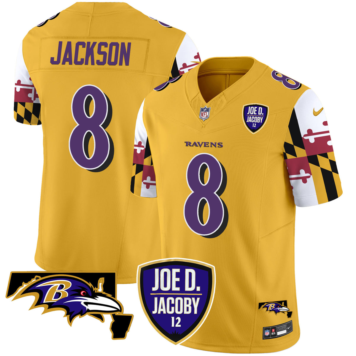 Men's Ravens Joe D & Jacoby Patch Vapor Limited Jersey V2 - All Stitched - Gold - Lamar Jackson — view 1