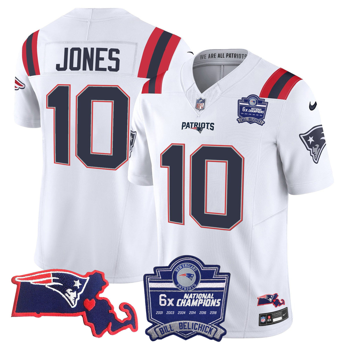 Women's Patriots Bill Belichick 6x Champions Patch Vapor Jersey - All Stitched - White - Mac Jones — view 1