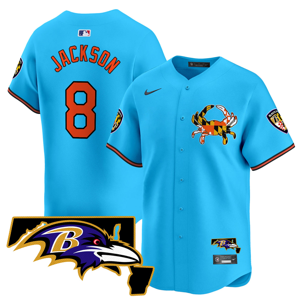 Men's Baltimore Ravens 2024 Vapor Premier Baseball Jersey - All Stitched - Light Blue - Lamar Jackson — view 1
