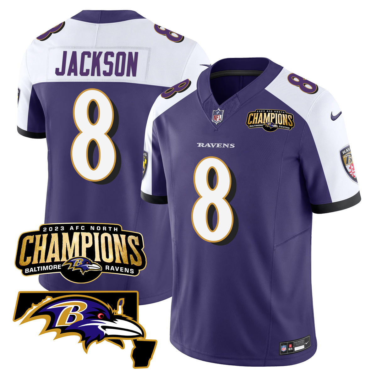 Men's Ravens 2023 AFC North Champions & Maryland Patch Vapor Jersey - All Stitched - Purple Alternate - Lamar Jackson — view 1