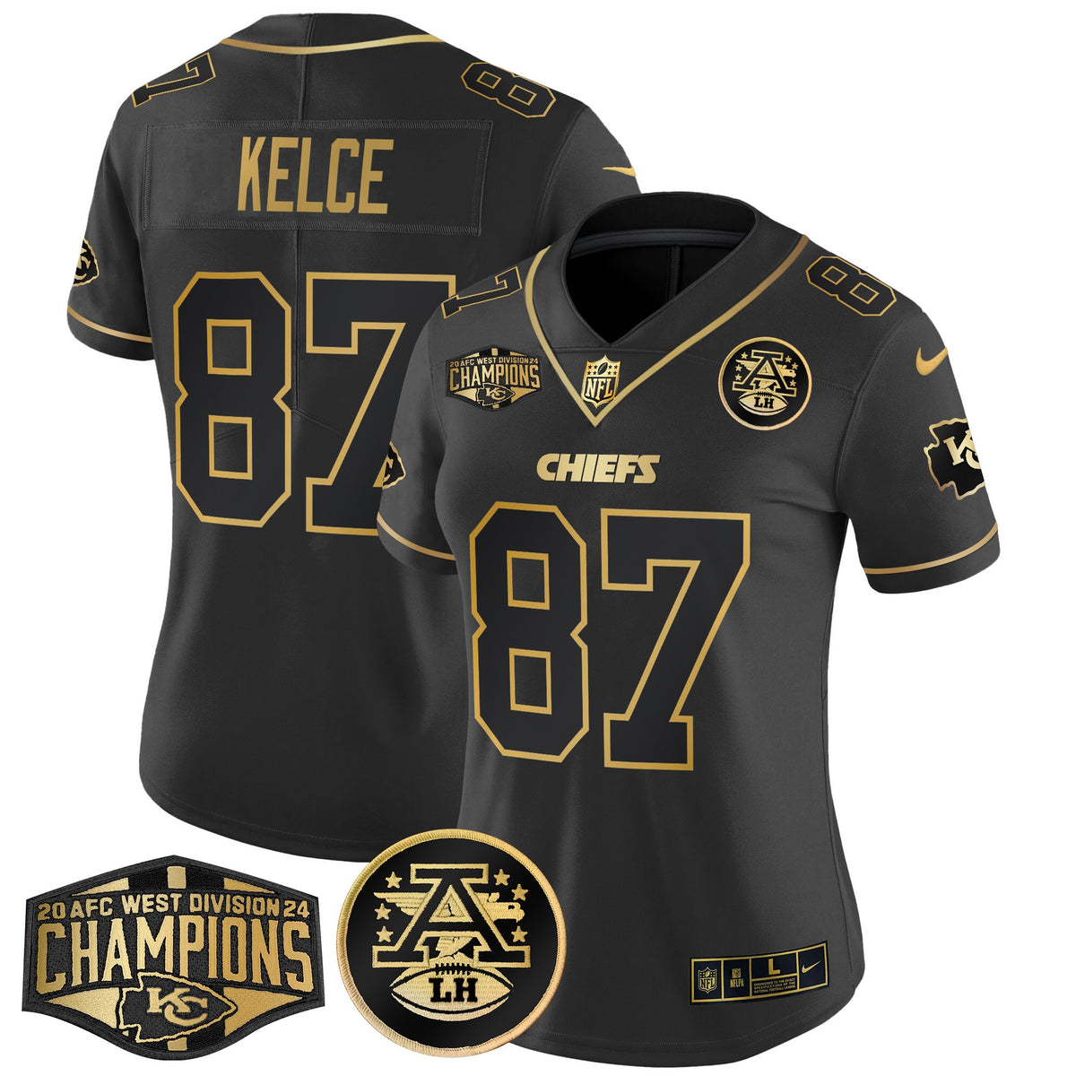 Women's Chiefs 2024 AFC West Division Champions Patch Gold Vapor Limited Jersey - All Stitched - Black Gold - Travis Kelce — view 1