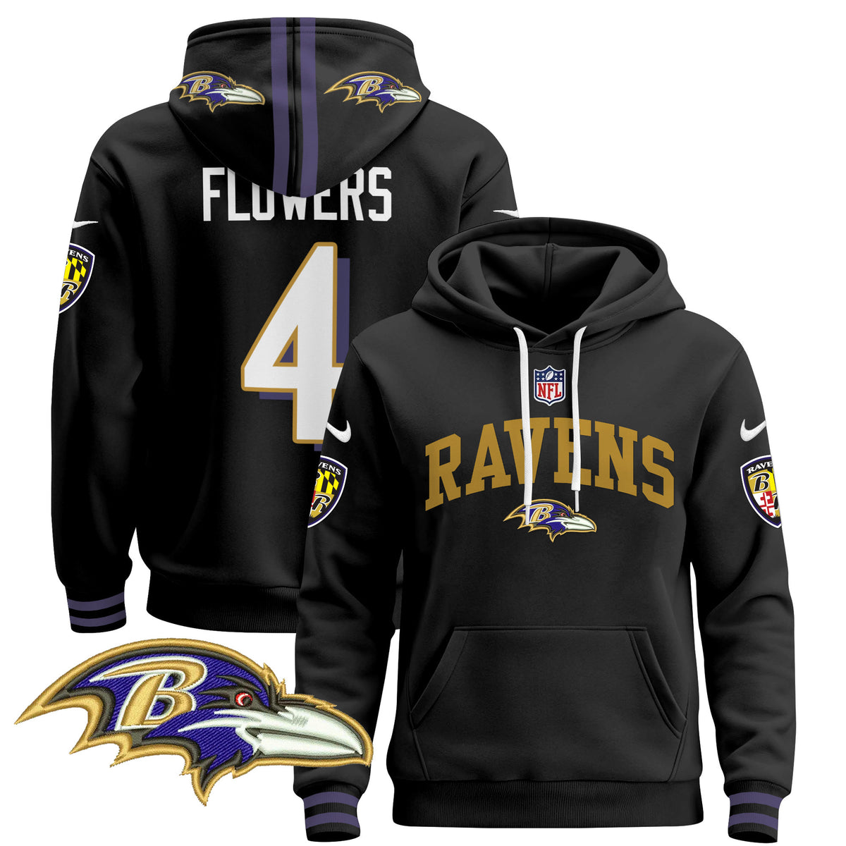 Men's Baltimore Ravens 2024 Pullover Hoodie V2 - All Stitched - Black - Zay Flowers — view 1
