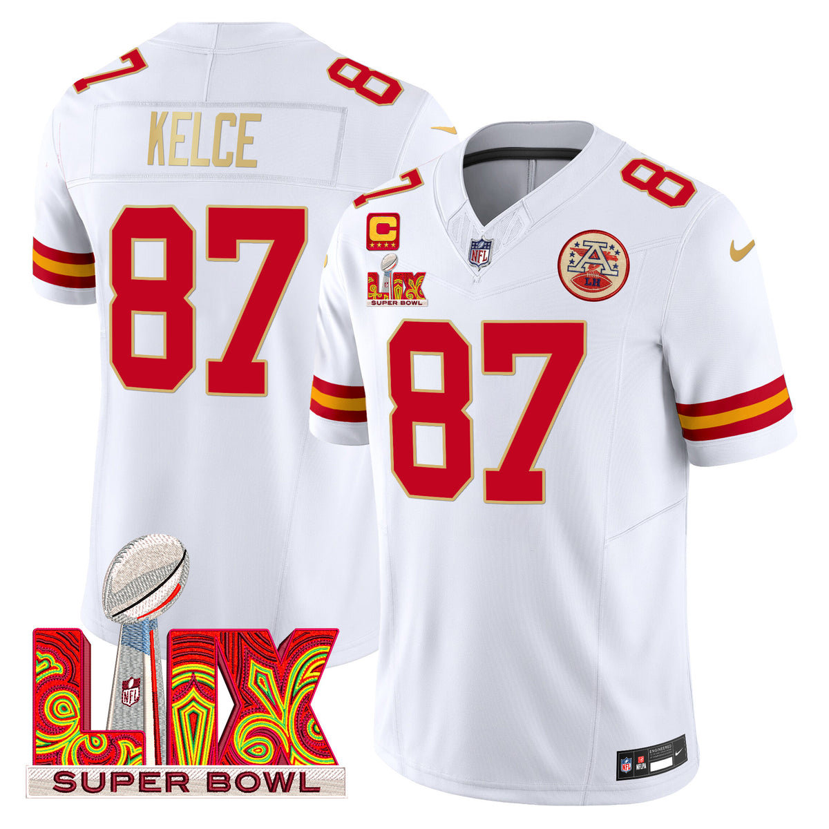 Men's Chiefs Super Bowl LIX Patch Gold Trim Vapor Limited Jersey - All Stitched - White - Travis Kelce — view 1