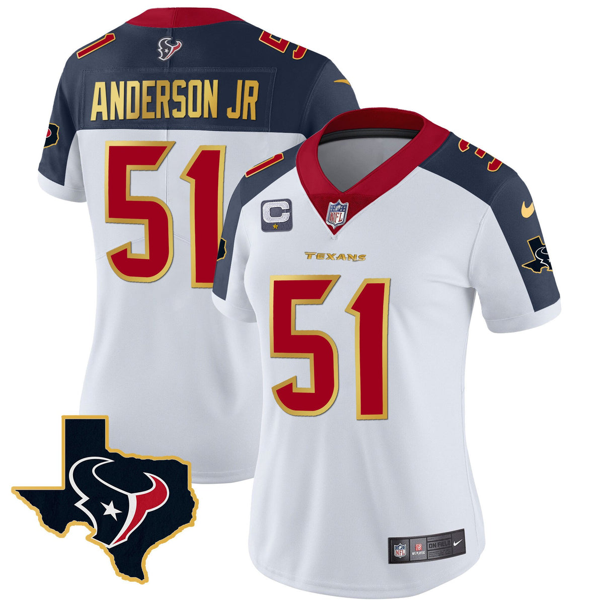 Women's Houston Texans Gold Trim Vapor Jersey - All Stitched - Inverted - Will Anderson Jr — view 1