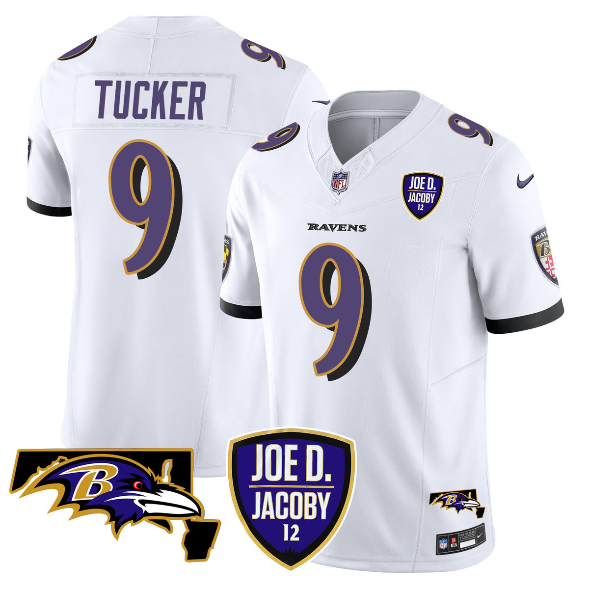 Men's Ravens Joe D & Jacoby Patch Vapor Limited Jersey - All Stitched - White - Justin Tucker — view 1