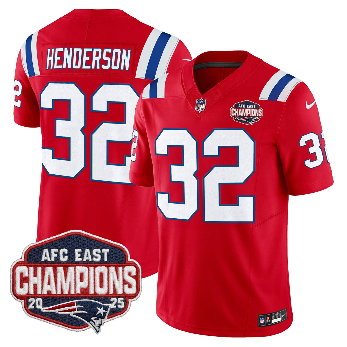 Men's New England Patriots 2025 AFC East Division Champions Vapor Limited Jersey - All Stitched - Red - TreVeyon Henderson — view 1