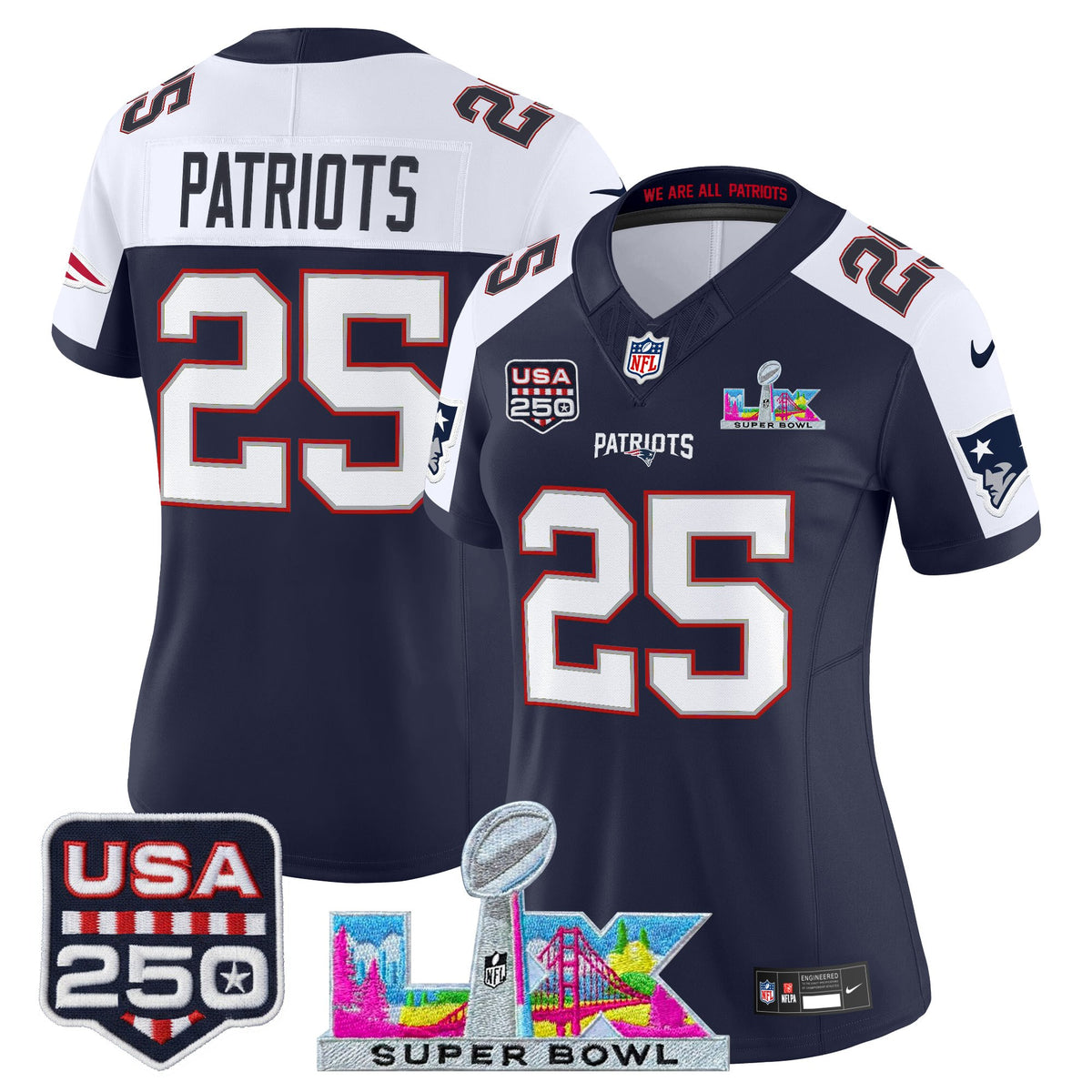 Women's New England Patriots Super Bowl LX & United States 250th Anniversary Patch Vapor Limited Jersey - All Stitched - Navy Alternate - #25 Patriots — view 1