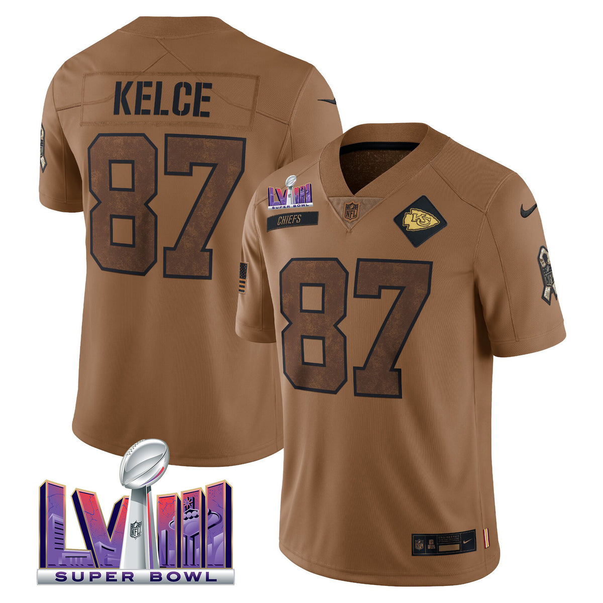 Chiefs Super Bowl LVIII Patch Salute To Service Brown Limited Jersey - All Stitched - Travis Kelce — view 1