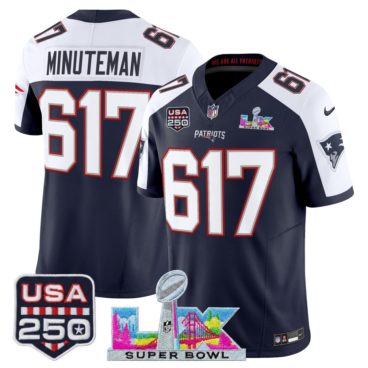 Men's New England Patriots Super Bowl LX & United States 250th Anniversary Patch Vapor Limited Jersey - All Stitched - Navy Alternate - Minuteman 617 — view 1